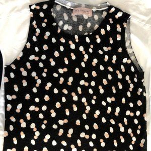 SZ S sleeveless cashmere-like sweater top, pink polka dot on black, Philosophy
